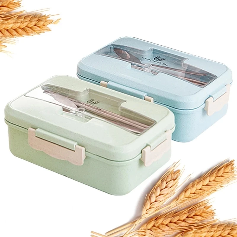 

Microwave Safe Bento Box Food Container Divided Rectangle Three Grids Wheat Straw Lunch Box with Stainless Steel or PP Tableware, Green,blue,pink