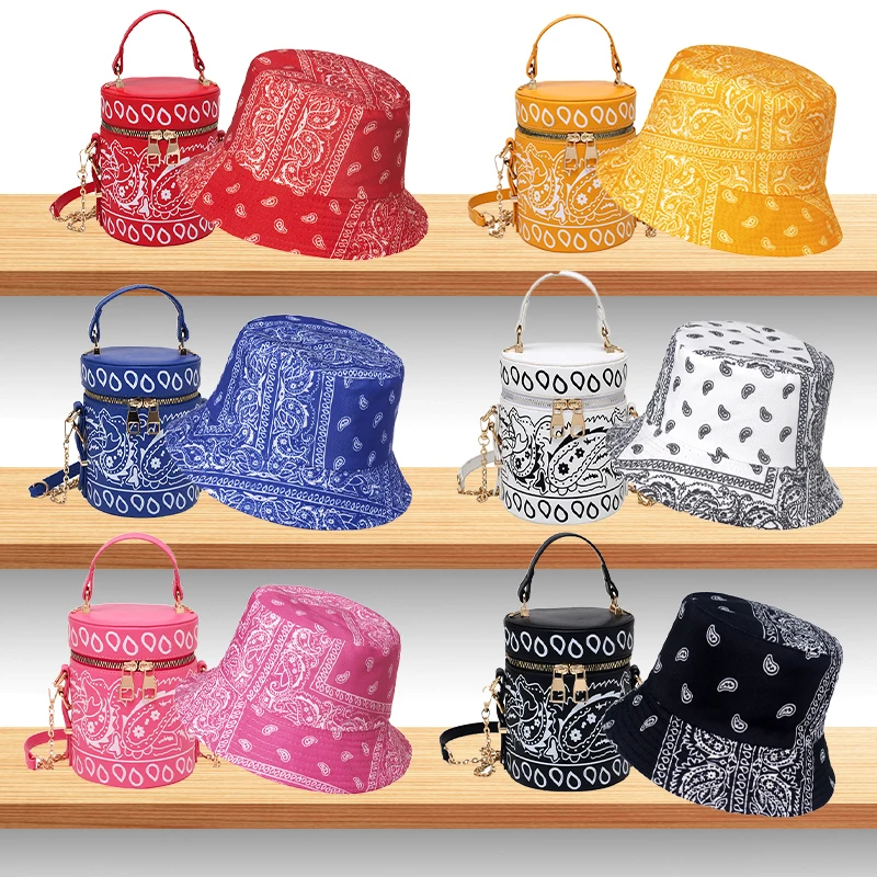 

Designer Custom Bucket Hats Women Hand Bag Set Bandana Purses Handbags Women Purse And Hat Sets, 6 colors as picture shown