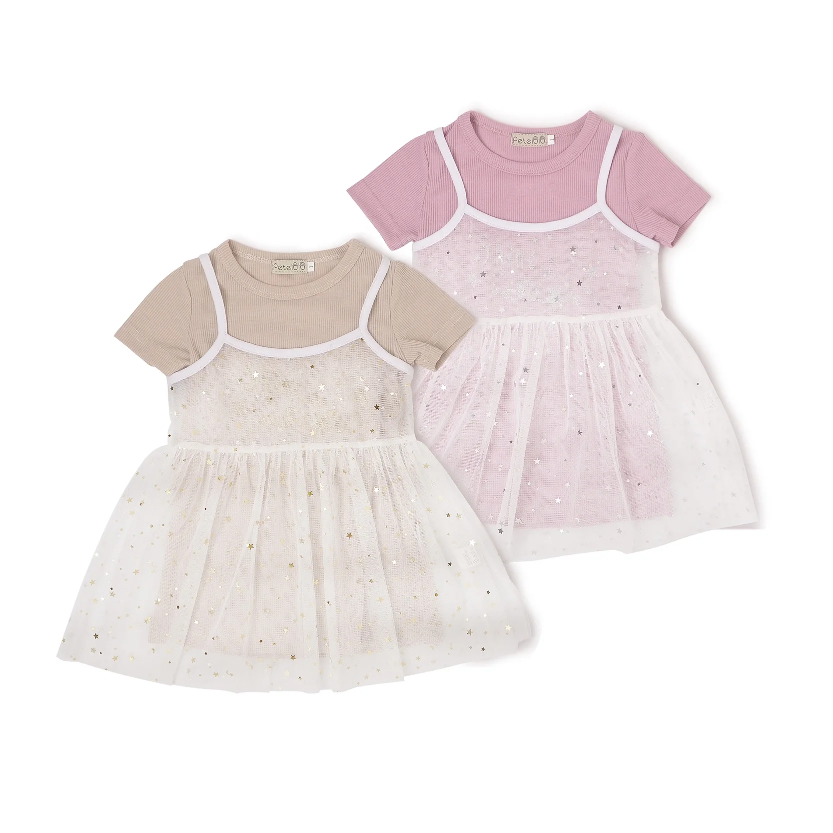 

Petelulu pure cotton brown and pink color stars two pieces set long sleeve kids girl dress, Customized