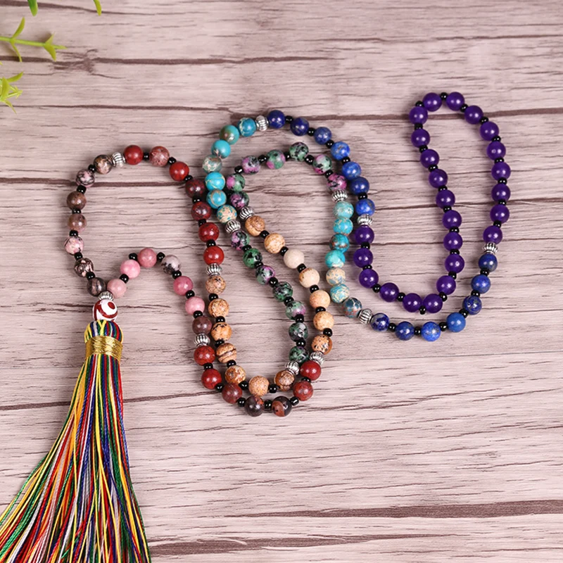 

Natural Stone Long Tassel Necklace Women Meditation Yoga Necklace Jewelry 7 Chakra Mala Necklace, As picture shows