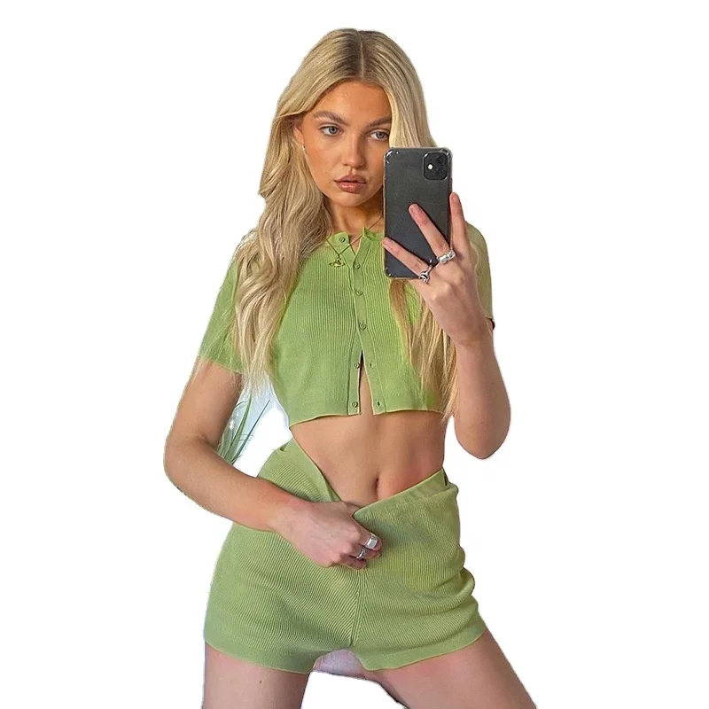 

2021 Summer New Knitting Solid Color Short Sleeve Top Shorts Suits 2pc Set Casual Short Tracksuits for Women