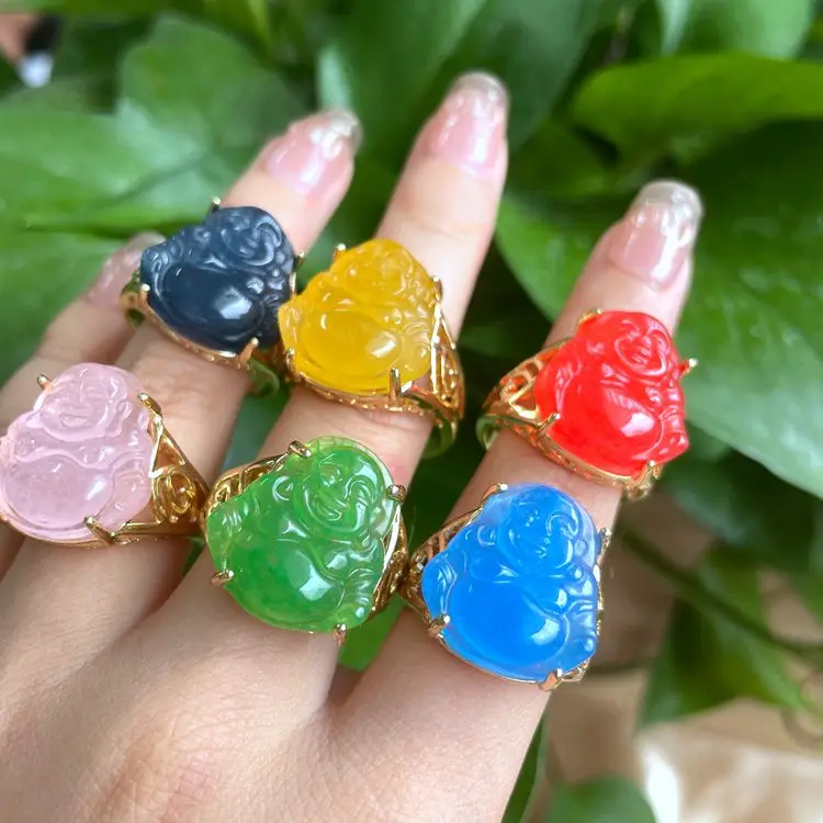 

Jialin 2021ins Chinese wholesale fashion 6colors buddha ring natural jade stone gold rings for men and women