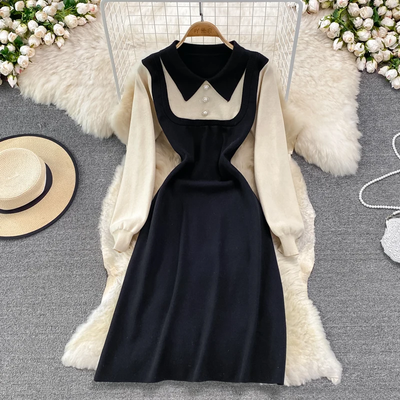 

2021 Autumn Winter New Knitted Dress Korean Style Fashion Mid-Length Dress Peter Pan Collar Bottoming Long Sleeve Sweater Dress