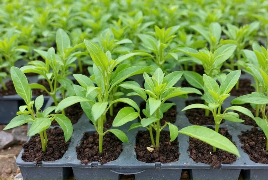 Pepper seedlings growing in starter trays with proper spacing and lighting conditions