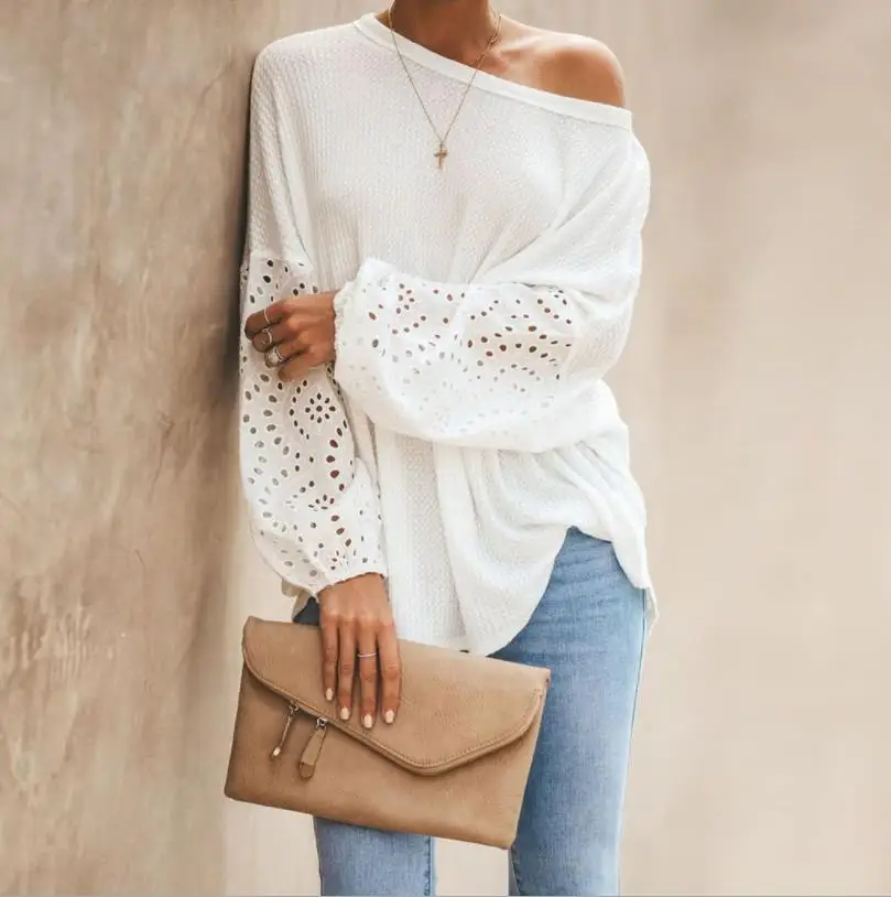 

O-Neck Elegant Floral Hollow Out Blouse Shirt Women Lantern Sleeve Tops White Casual Loose Blouse