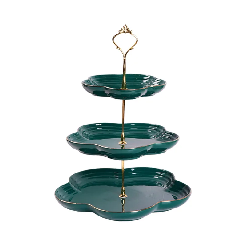 

Hot-selling 3 tiers ceramic cake stand serving display fruit dessert plate wedding cake stand, Dark green/white