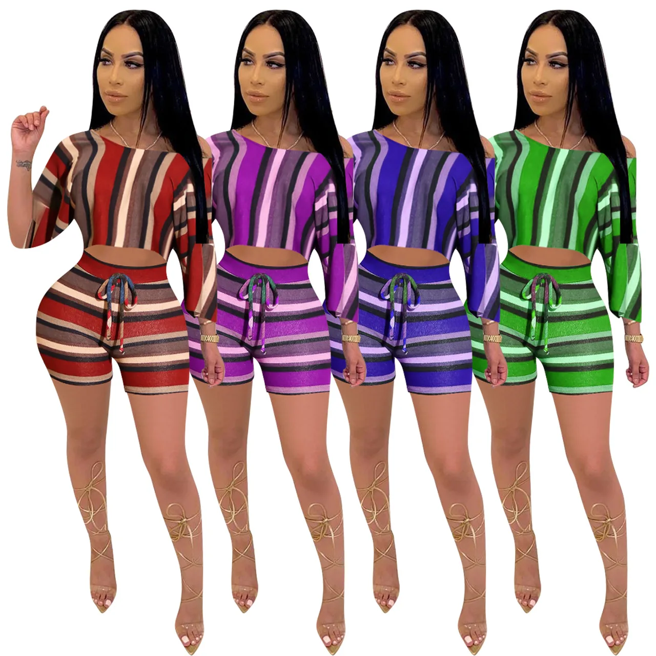 

Stock Hot sale women two-piece sets mid-sleeve crop top and shorts colorful stripe printed fine clothing