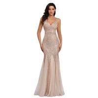 

Women Fashion Sequined Long V-Neck Sleeveless Mermaid Abiye Elegant Robe De Soiree Party Dresses Evening Dress