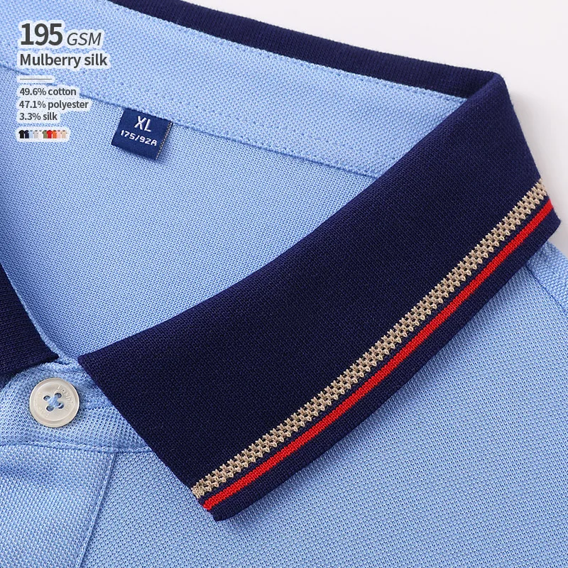 Mulberry Silk 195 GSM 49.6% Cotton 47.1% Polyester 3.3% Silk Unisex Smooth Contrast Color Men Customized Polos T Shirt Polo