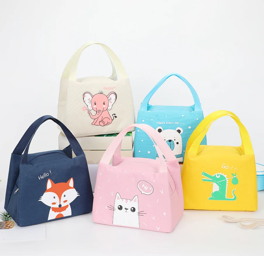 

Cute Animals Lunch Bag Waterproof Oxford Cartoon Cooler Bag, Purple, pink, creamy ,gray, green, white