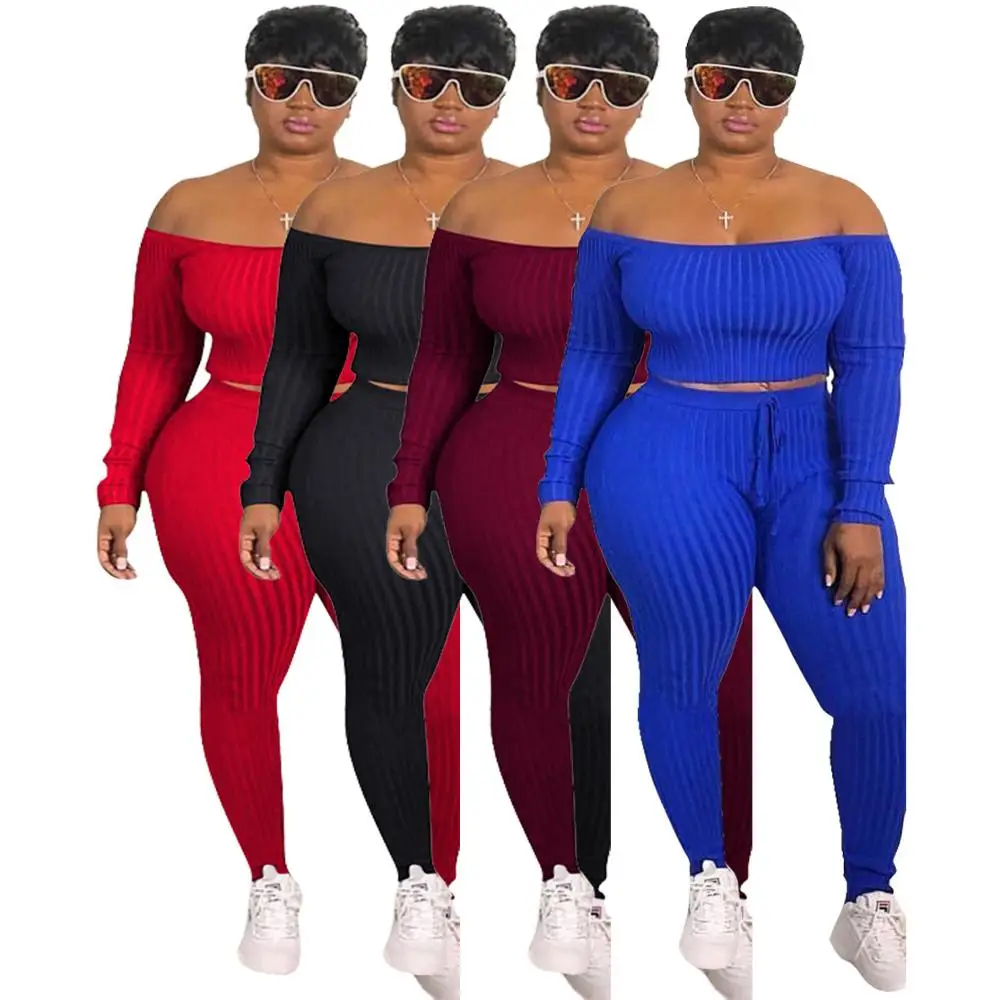 Wholesale HB1085 ladies solid bodycon knit pants and off shoulder crop top two piece set