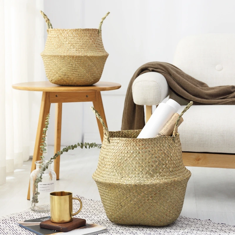 

Handmade Foldable Natural Seagrass Gift Baskets Laundry Clothing Storage Wicker Rattan Woven Straw Bamboo Toy Flower Pot Plant