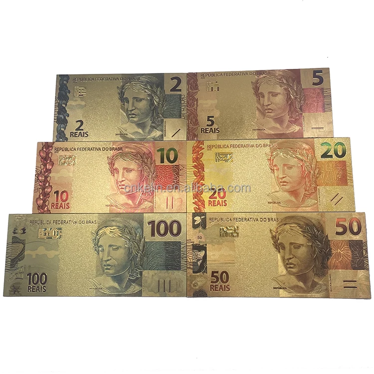 

Free Shipping Brazil 2 5 10 20 50 100 Money Set Plastic Bill Gold Foil Plated Banknotes