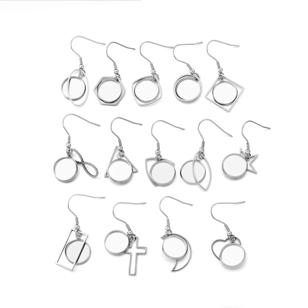 

20pcs 12mm Stainless Steel Geometric Bezel Charms With Tray Cabochon Earring Hook Base Blank Setting For DIY Jewelry Making, As picture