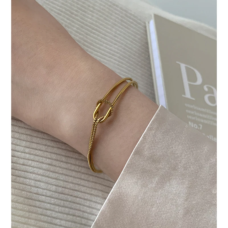 

Stainless Steel Mix Chain Double Layered Bracelet 18K Gold Plated Knotted Geometric Bangles Women Stylish Waterproof Jewelry Hot