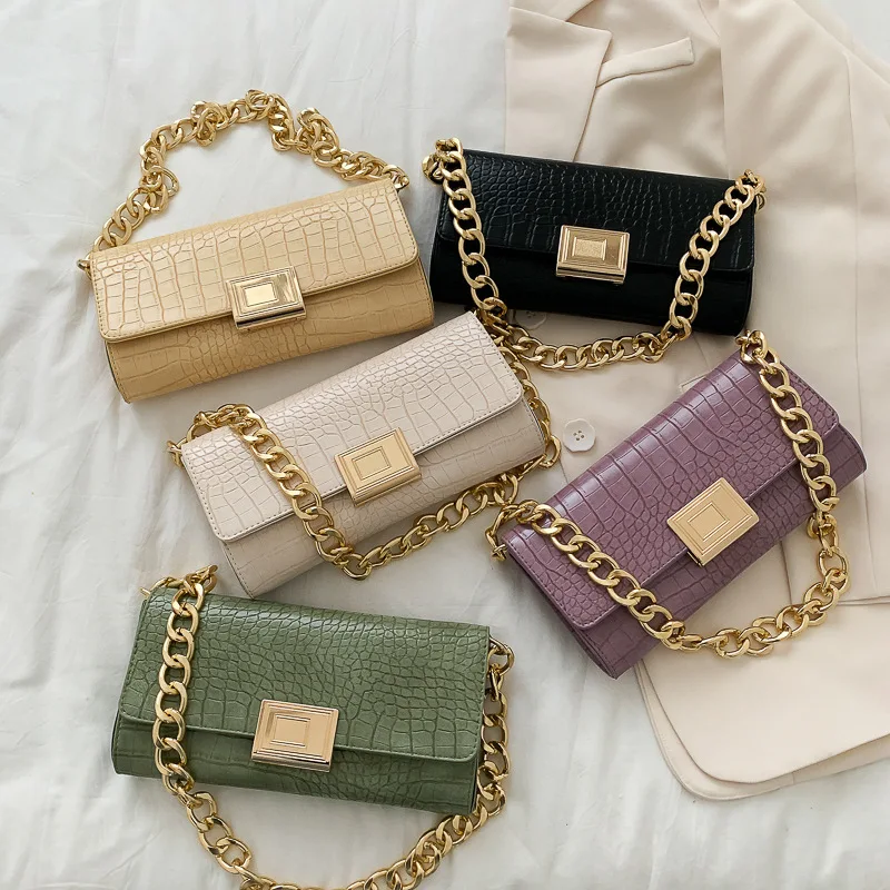 

2021 Designer crocodile pattern leather chain underarm purses hand bags ladies shoulder crossbody sling bag for women, 5colors
