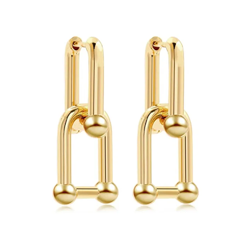 

18K gold plated trendy U link hardware buckle drop link hoop earrings