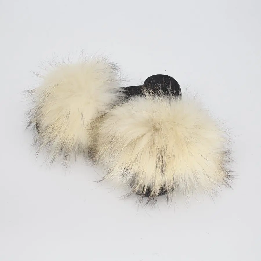 

QIUCHEN QC1802 PVC Rainbow Women Fluffy Real Fox Fur Sandals White Slide Custom Logo Fur Slippers, Over 50 colors
