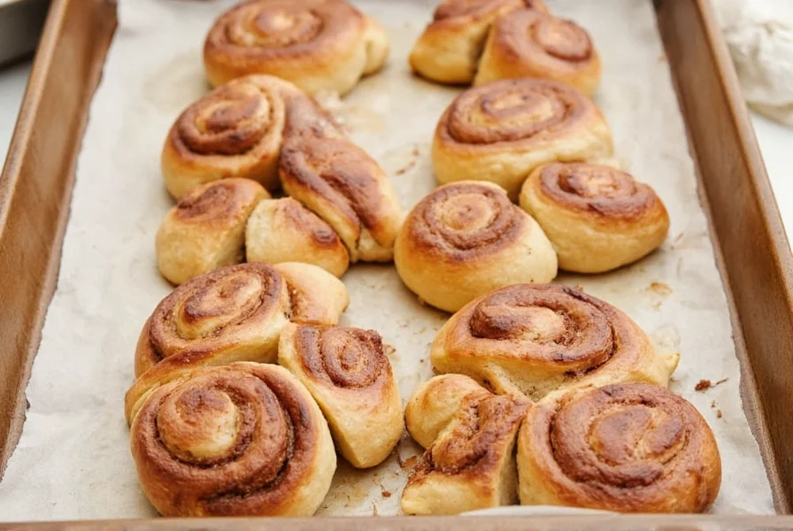 Step-by-step process of checking cinnamon roll doneness with thermometer and visual cues