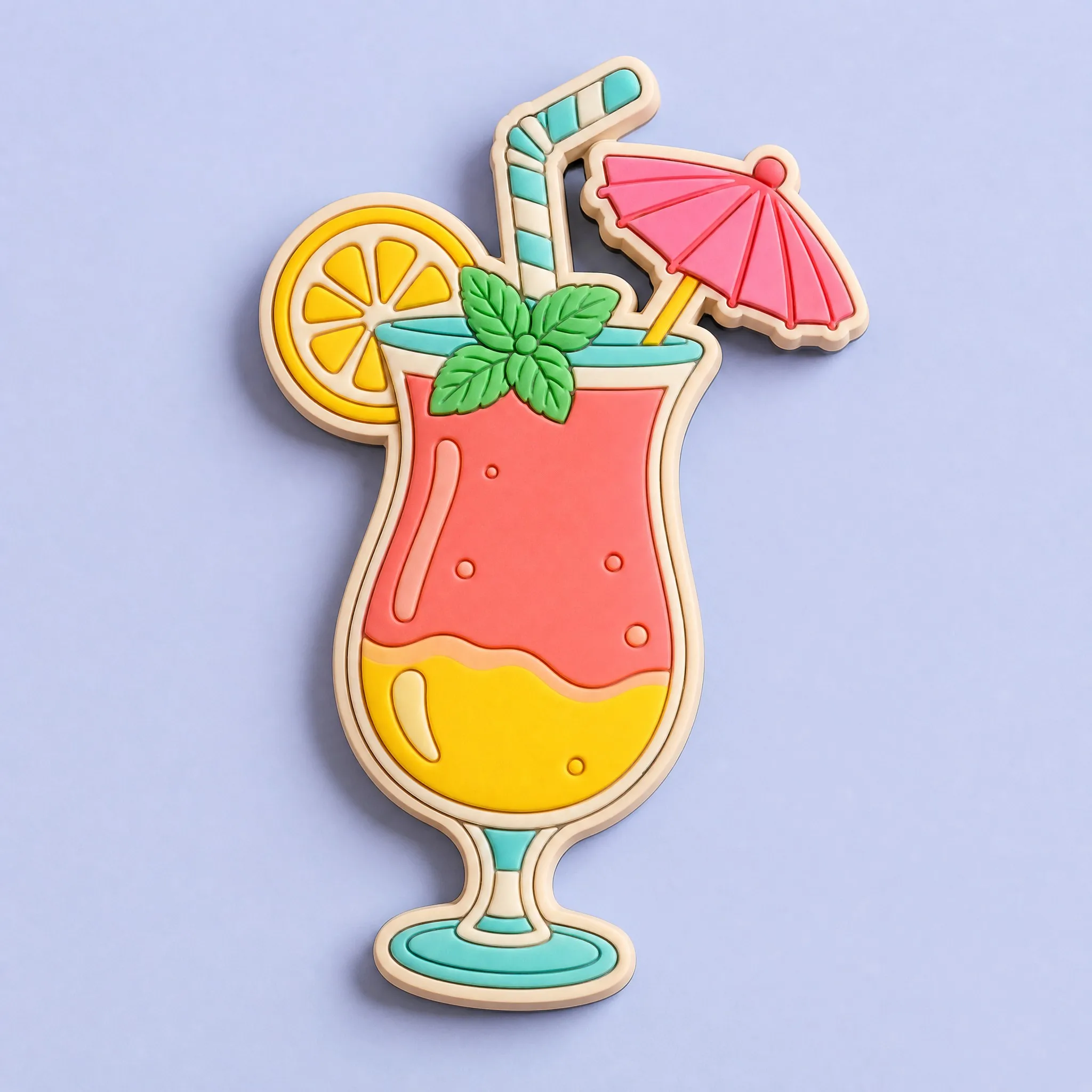 Front View of 3D Soft PVC Tropical Cocktail Magnet with Lemon Slice, Mint and Pink Paper Umbrella