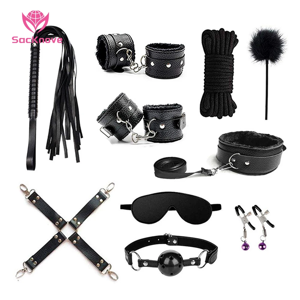 

SacKnove Wholesale Male Female Cheap Price Erotic Sex Toys Leather Bdsm 10 Pcs Strap Restraint Kits Adult Self Bondage Set