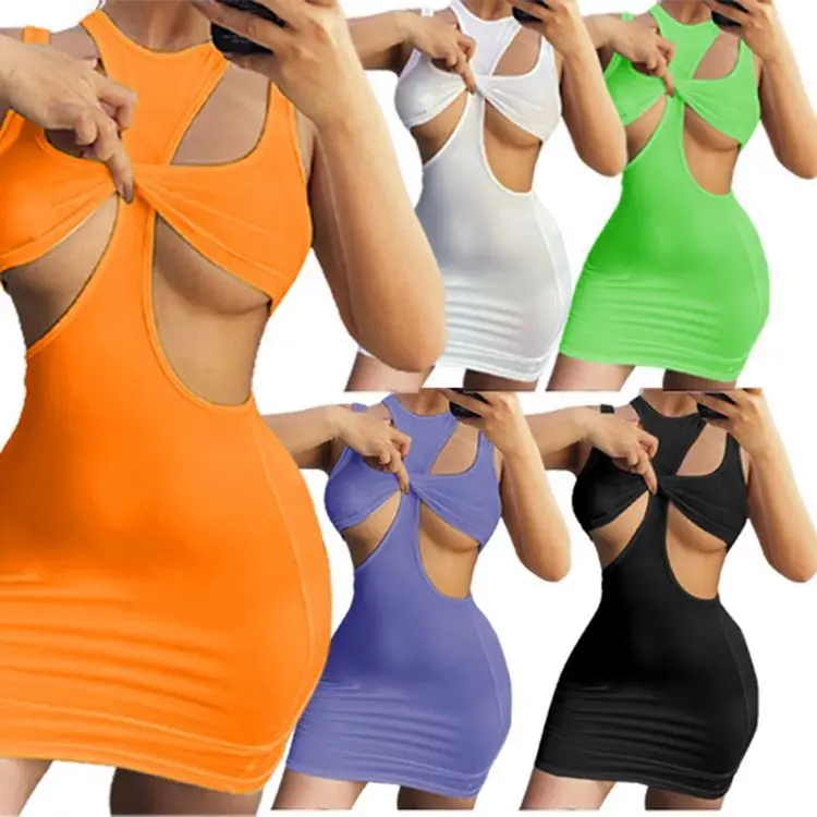 

OSINA New Trendy Solid Color Crop Top Hollow Out Summer Sexy Bodcon Women Casual Short Mini Dresses