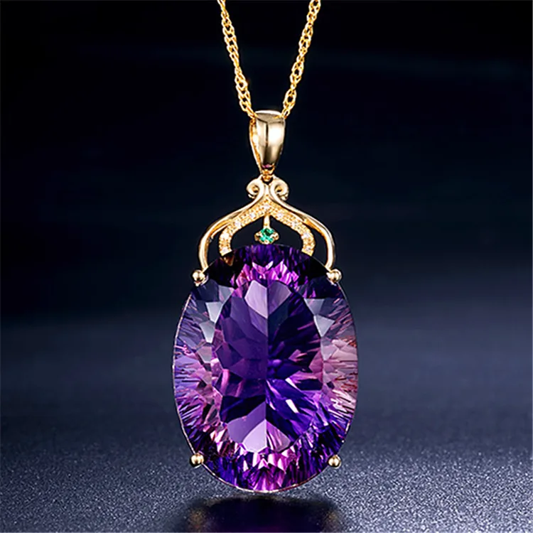 

Luxury Women Wedding Jewelry Amethyst Pendant Necklace 18k Gold plated Inlay Green Crystal Oval Purple Crystal Necklace