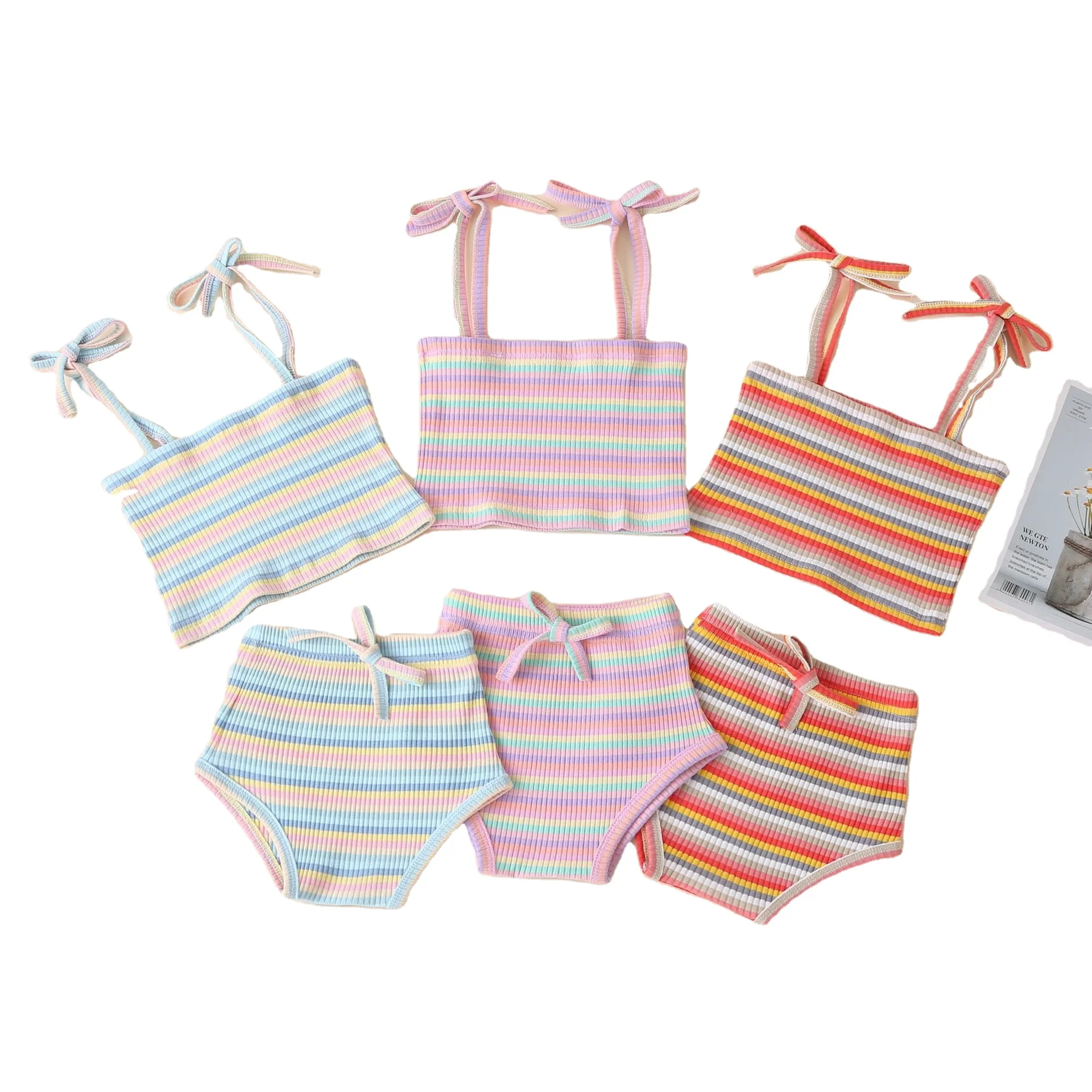 

Children's clothes new designs summer colorful ribbed stripe sling + baby shorts 2 pieces sets for little girls, As picture shows