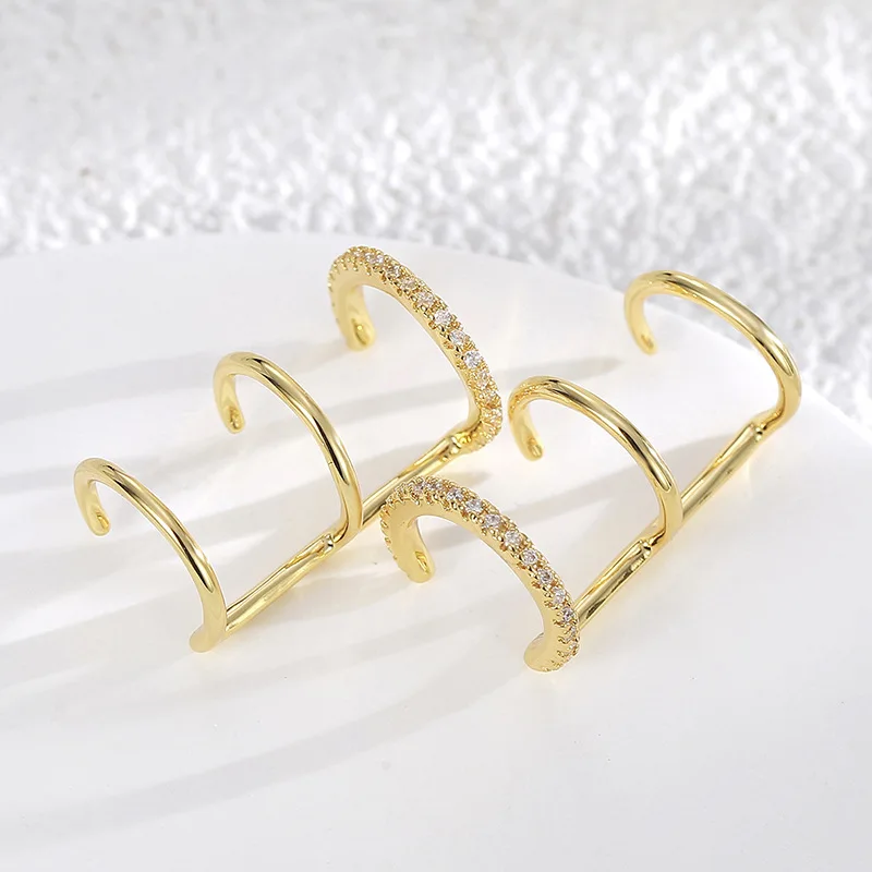

Minimal fashion three-layer ear clip female brass gold-plated zircon earrings
