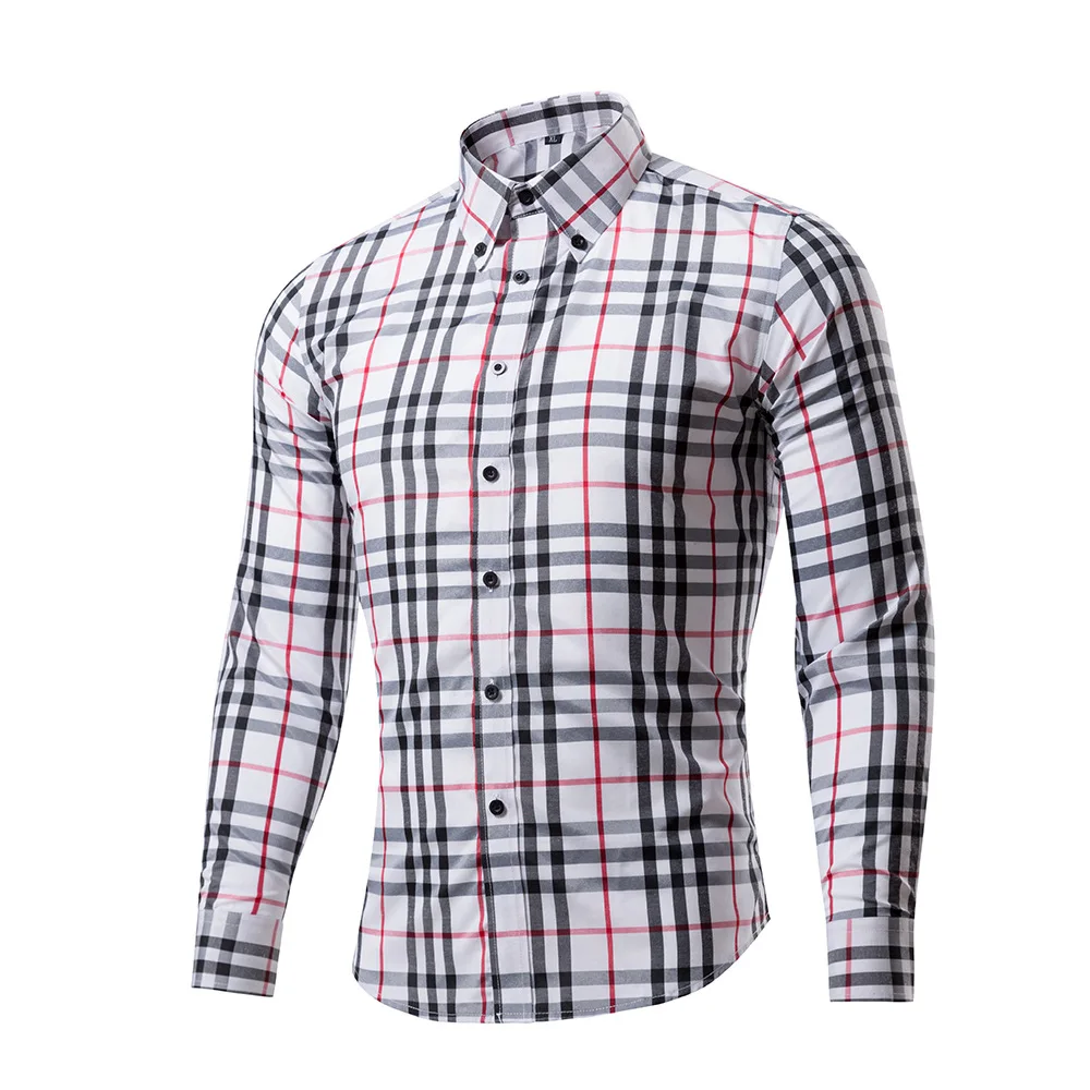 Popular men's cotton long-sleeve slim plaid shirt