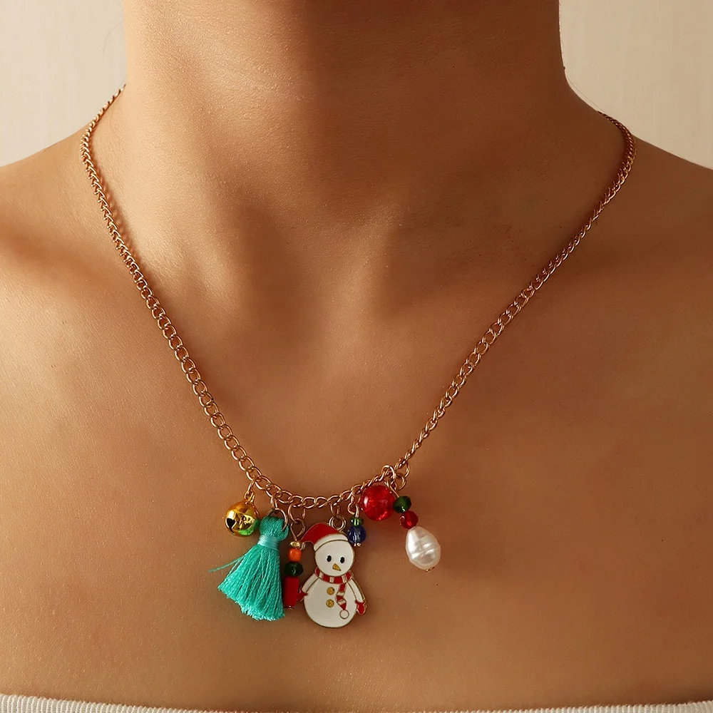 

Christmas Colorful Bells Snowflake Elk Necklace DIY Holiday Multi-element Pendant Necklace Tassel Xmas Necklace, Red