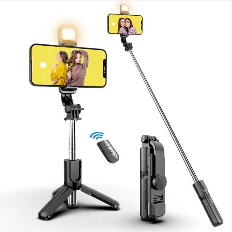 

L11S Portable Mini Selfie Stick Handheld Wireless Remote Mini Tripod Stand with Fill Light Phone For Samsung, Black,white