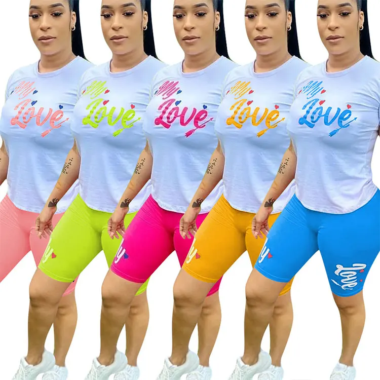 

New Arrival Women Fashion letter printed T-shirt two-piece set 5 colors size XXXL