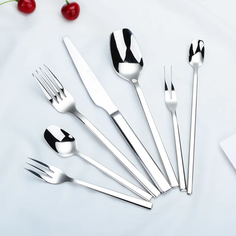

Hotel stainless steel cutlery square handle solid silver dinner spoon fork knife dessert starter tea buffet metal cutlery
