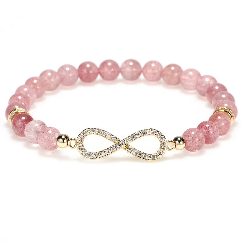 

New Arrivals Womens Gifts Rose Quartz Natural Stone Bead Infinity Bracelet, Pink & gold