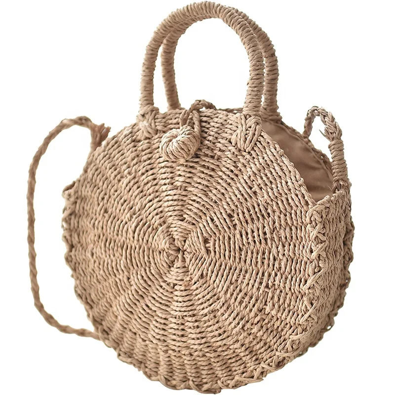 

Summer beach vacation simple handmade round woven straw bag, Pink,rose,brown