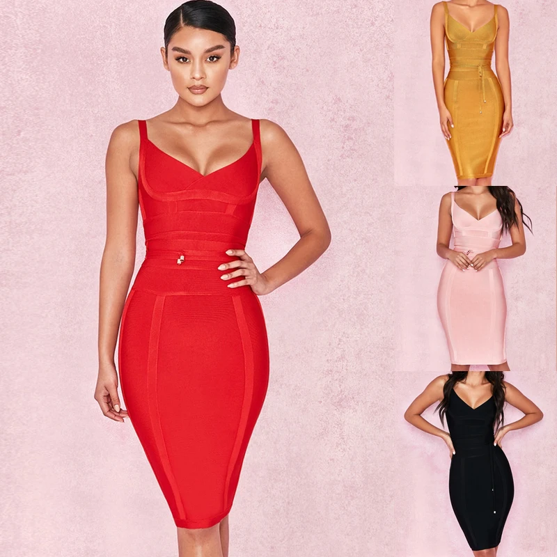 

White Summer Strap Bodycon V-Neck Dress Women Clothing Evening Party Midi Bandage Vestidos