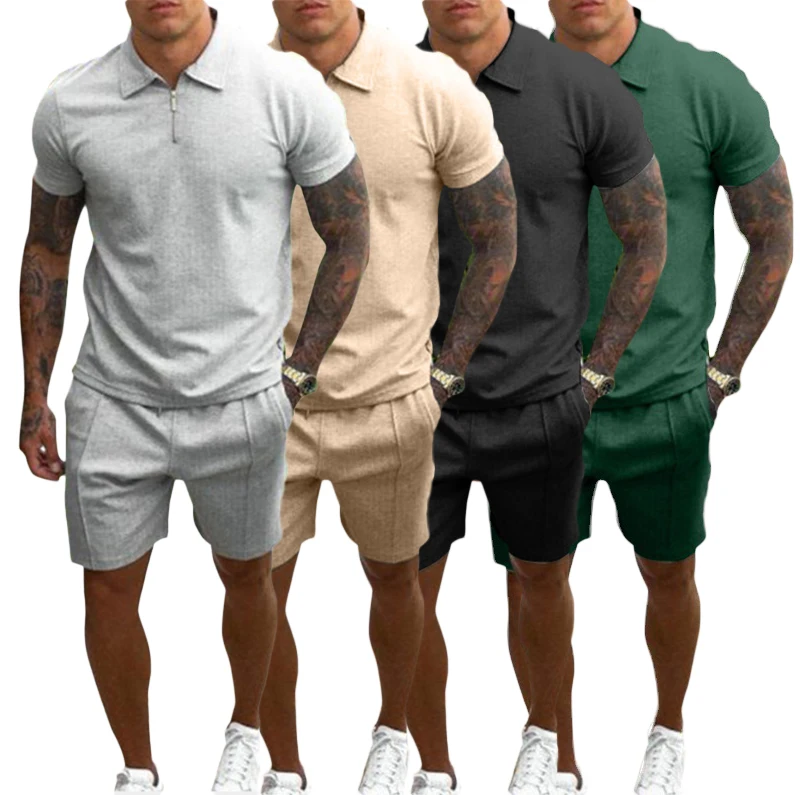 

QC542 - New custom logo cotton short sleeve polo shirt and shorts set mens, 5 colors