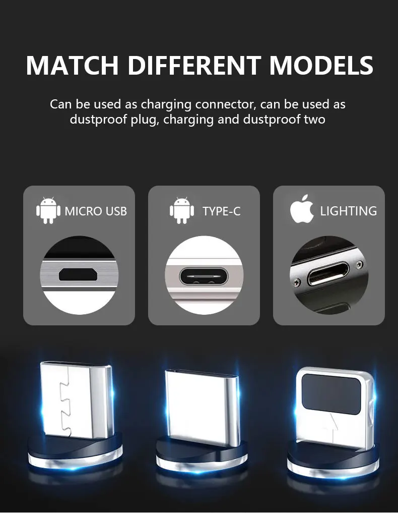 Led 3 in 1 magnetic micro data usb magnetic cable braided usb c charging fast charge round cable - ANKUX.COM