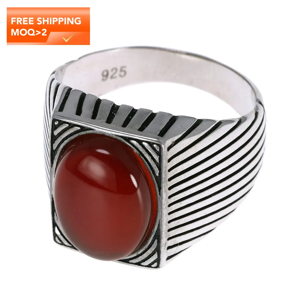 

Square Shape Diagonal Stripe 925 Silver Color Classic Turkish Men Agate Rings