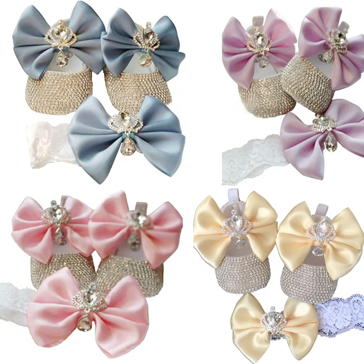 

Top Grade Rhinestone Bling Newborn Baby Girls Boutique Flat Shoes and Elastic Hairband Set for First Walking Photography, 5 colors/ custom