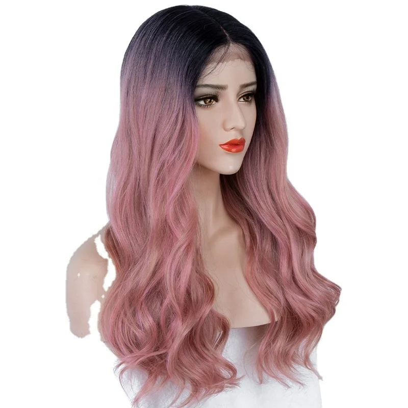 

Aliblisswig Natural Looking Dark Root Ombre Pink Long Wavy Middle Parting Heat Friendly Fiber Hair Synthetic Lace Front Wig
