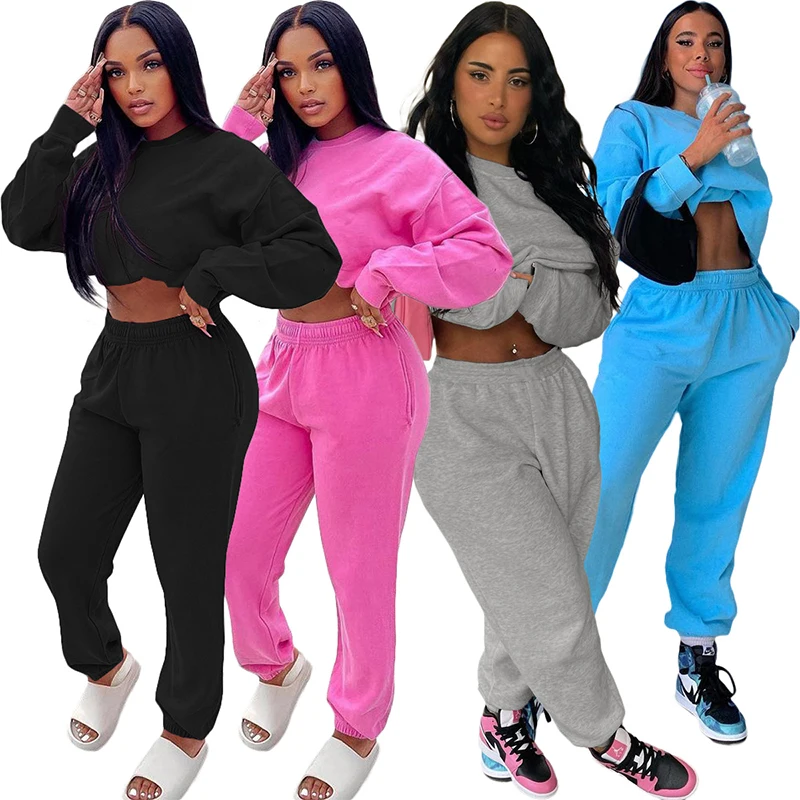 

Wholesale Women Clothes Sport wear 2 Piece Set Loose Tracksuit Casual Long Sleeve Crop Top Hoodie Sweatshirt Sweat Sets, 4 colors