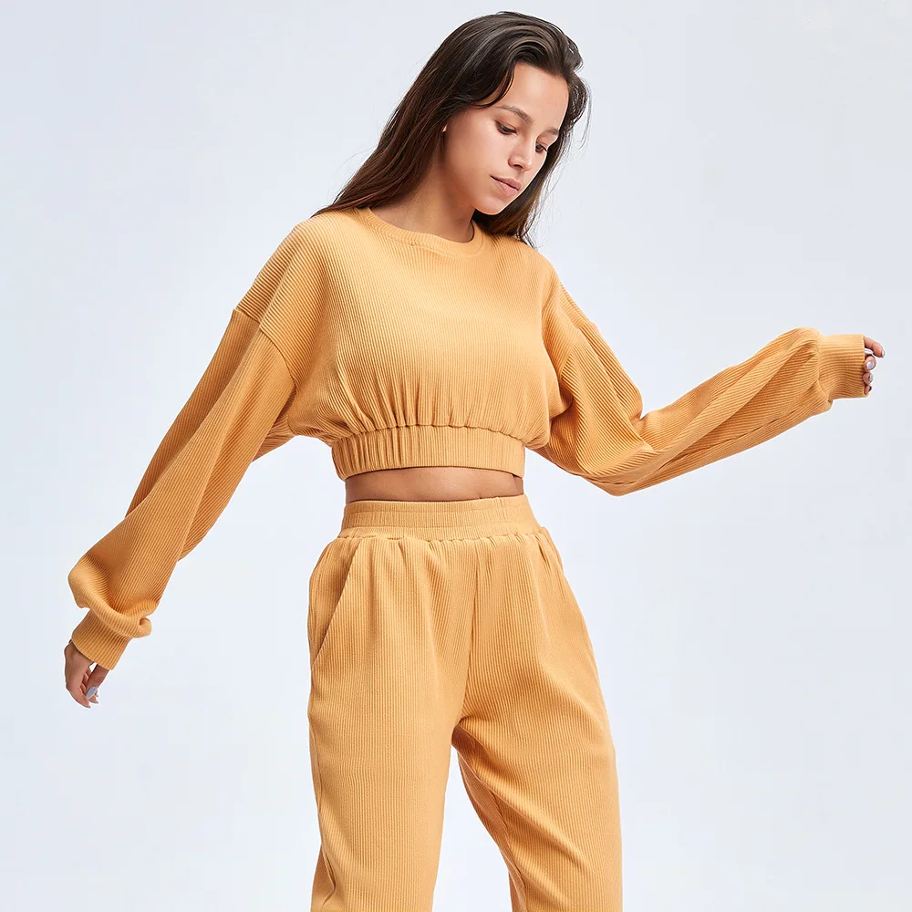 

Running Sportswear Two-Piece Suit Fitness Long-Sleeved Tops Yoga Clothes Solid Color Casual Sweater Suit Women ZCX