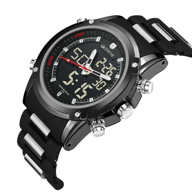 

STRYVE Brand Mens Sport Watch Men 30M Waterproof Quartz Watches Stainless Steel Band Analog LED Digital Display Wristwatches