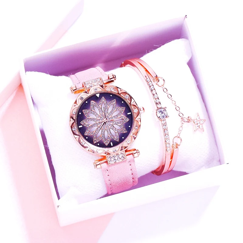 

Women Starry Sky Watch With Box Luxury Rose Gold Diamond Watches Ladies Leather Quartz Wristwatch Female Clock zegarek damski