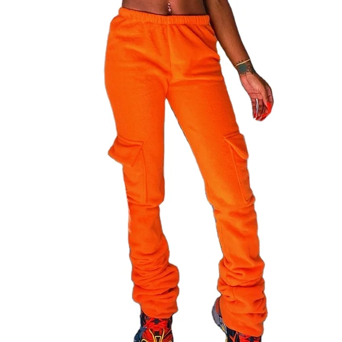 

New Arrivals Fashion Women With Ruched Pants Sides Sweatpants Stacked Joggers Stacked Pants, Black, orange