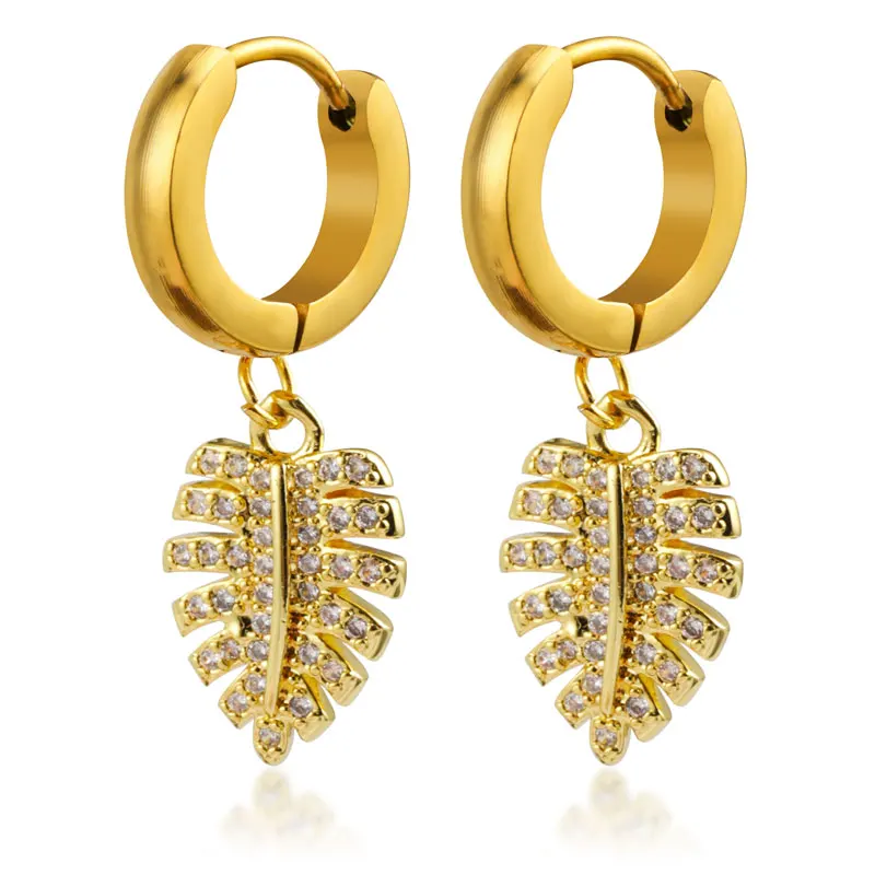 

Wholesale Stainless Steel Leaf Pendant With Full Zircon Stone 18K Gold Plated Clip On Earrings For Men