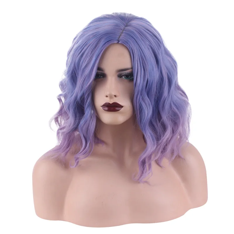 

Short Shoulder Length Purple Gradient Small Curly Hair Anime Comic Exhibition Cosplay Hair High Temperature Silk Wigs