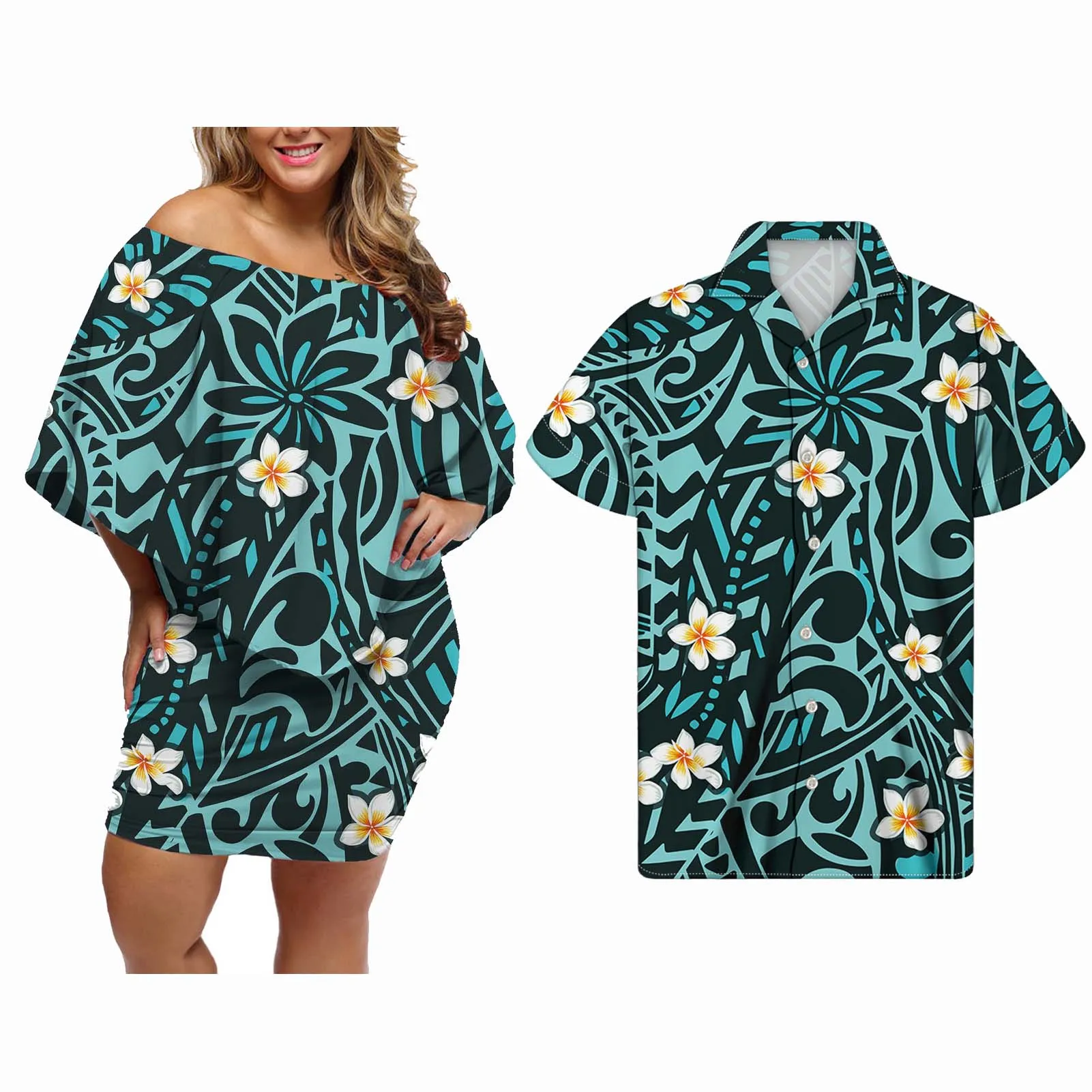 

Wholesale Polynesian Lake Blue Summer Casual Plus Size Women Clothing Plain Floral Short Sleeve Tshirt Dress Sexy Off-Shoulder